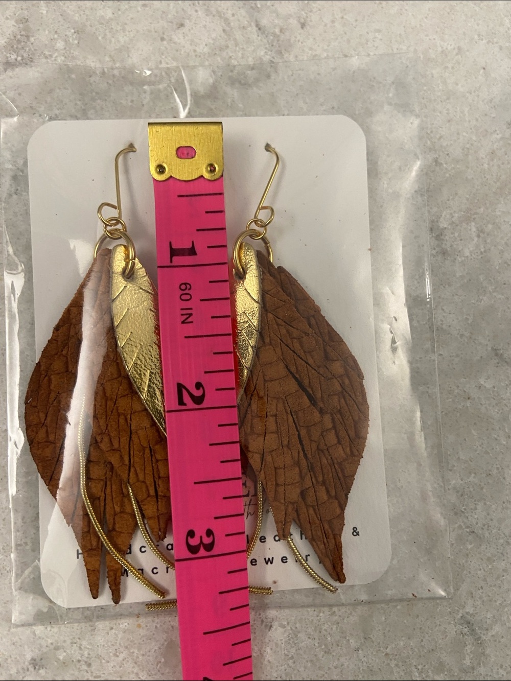 Handcrafted Brown Leather Feather Drop Earrings & Leopard/Fall Season Earrings - Picture 6 of 12
